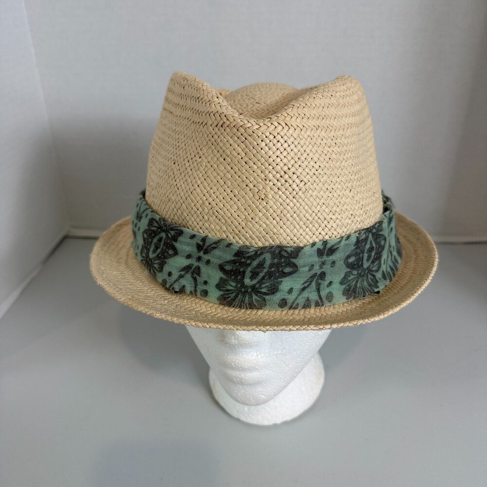 H&M Paper Straw Fedora Hat Womens L/60 Natural Beige Floral Band Summer Beach